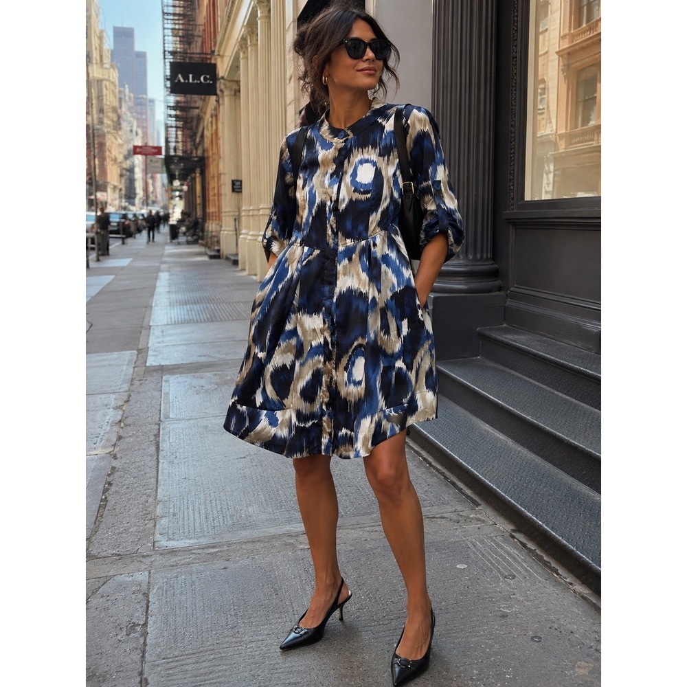 Umgee Blue Abstract Ikat Print Mini Shirt Dress Roll Tab Sleeve H5148 Large